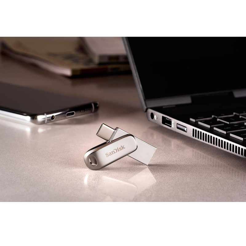 فلش مموری سن دیسک مدل Ultra Dual Drive Luxe ظرفیت 64 گیگابایت با رابط تایپ سی و USB 3.2 Gen 1، سرعت خواندن 400 مگابایت بر ثانیه، طراحی تاشو و سازگار با سیستم‌عامل‌های Android، PC، Mac و iPad Pro