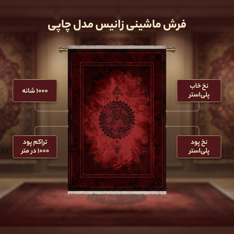 فرش ماشینی 1000 شانه زانیس زمینه قرمز لاکی حاشیه مشکی مدل چاپی