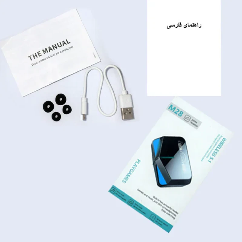 هدفون بلوتوثی مدل M28 بدون قابلیت نویز کنسلینگ، درگاه شارژ USB Type-C، دارای پشتیبانی از فرمان لمسی، دارای نمایشگر میزان شارژ روی محفظه