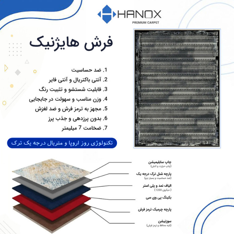 فرش ماشینی 1000 شانه هانوکس زمینه طوسی حاشیه چند رنگ مدل مدرن کد HAM.974.4