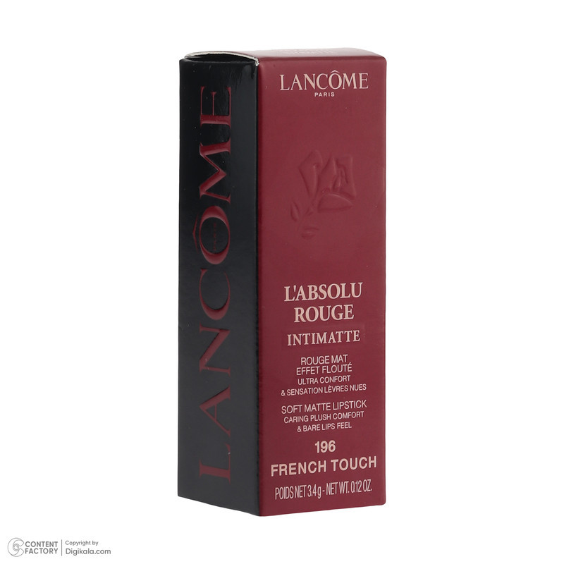رژ لب لانکوم مدل French Touch با شماره رنگ 196 و رنگ قرمز، جلوه مات و وزن 3.4 گرم، مناسب استفاده روزانه