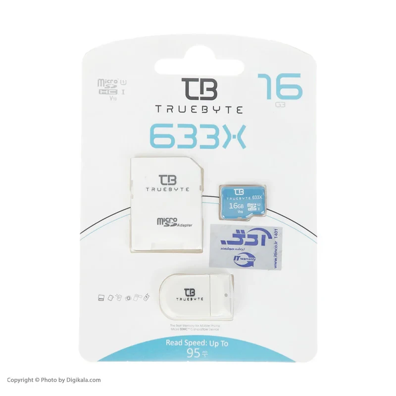 کارت حافظه MicroSDHC تروبایت مدل 633X-V10 کلاس 10 استاندارد UHS-I U1 سرعت 95MBPS ظرفیت 16 گیگابایت به همراه آداپتور SD و کارت‌خوان