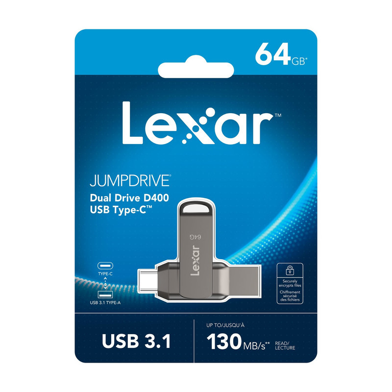 فلش مموری لکسار مدل JumpDrive Dual Drive D400 ظرفیت 64 گیگابایت با رابط USB 3.1 Type-C و Type-A، بدنه فلزی مقاوم در برابر آب، ضربه، شوک و گرد و غبار، سرعت انتقال تا 130 مگابایت بر ثانیه و قابلیت رمزگذاری خودکار داده‌ها