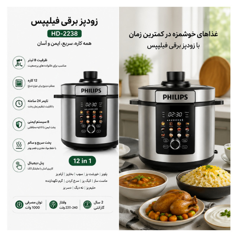 مولتی کوکر ۸ لیتری فیلیپس مدل HD-2238
