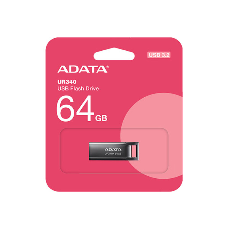 فلش مموری ای دیتا مدل UR340 ظرفیت 64 گیگابایت با بدنه فلزی، رابط USB 3.2 Gen1 Type-A، سرعت انتقال 100 مگابایت بر ثانیه و پشتیبانی از سیستم‌عامل‌های ویندوز، مک و لینوکس