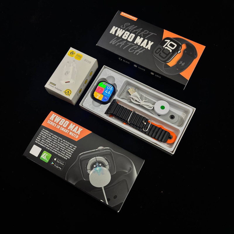 ساعت هوشمند 45 میلی متری مدل KW80 Max با بند سیلیکونی و شارژر