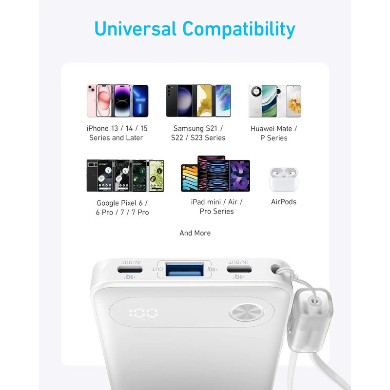 پاوربانک 22.5 وات انکر مدل A1257 ظرفیت 10000 میلی آمپر ساعت به همراه کابل USB-C