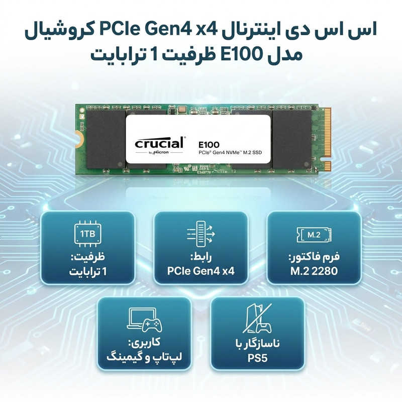 اس اس دی اینترنال PCIe Gen4 x4 کروشیال مدل E100 ظرفیت 1 ترابایت