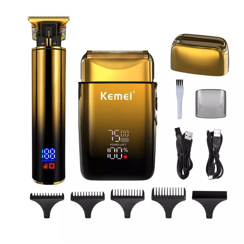 مجموعه 2 عددی ماشین اصلاح موی سر و صورت کیمی مدل KM-2131 با تیغه استیل ضدزنگ، شارژ سریع، تنظیم سرعت، منبع انرژی کابل USB، شامل شیور صفرزن، تریمر حجم‌زن و خط‌زن با مدت استفاده 120 دقیقه پس از شارژ