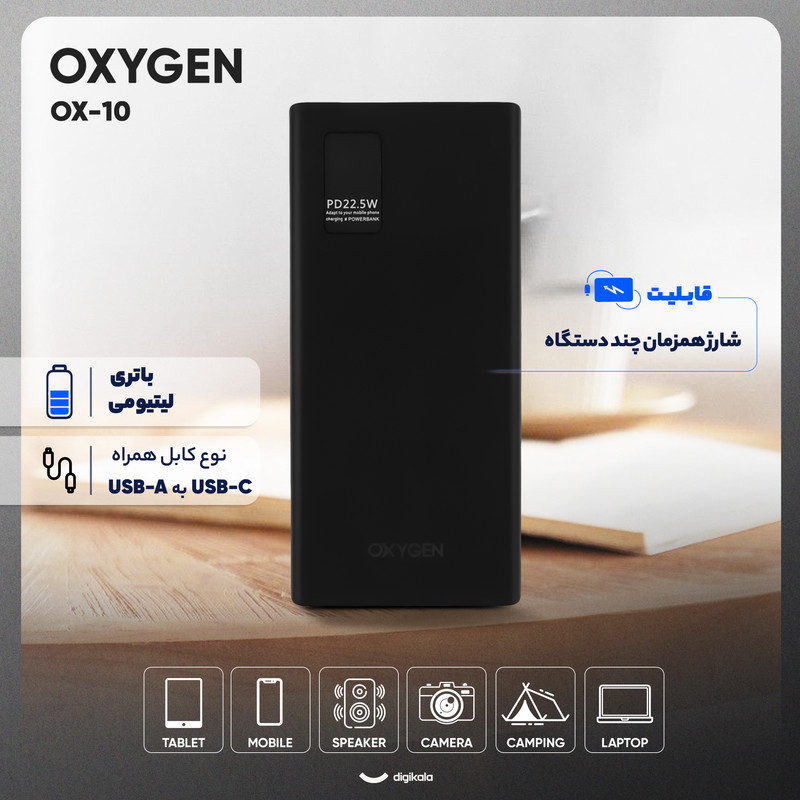 پاوربانک 22.5 وات اکسیژن مدل OX-10 ظرفیت 10000 میلی‌آمپرساعت