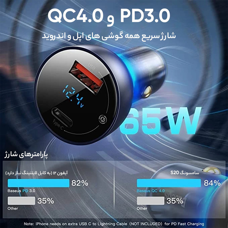 شارژر فندکی باسئوس مدل Dual Quick Charger 65W  به همراه کابل USB-C