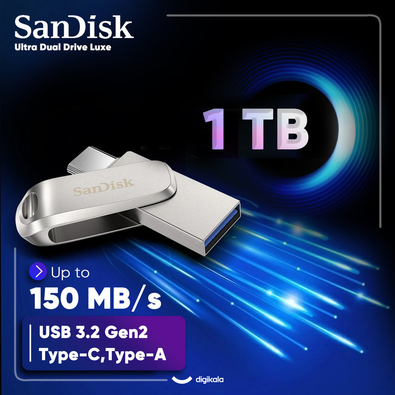 فلش مموری سن دیسک Ultra Dual Drive Luxe ظرفیت 1 ترابایت با دو رابط USB Type-C و USB Type-A، طراحی تاشو، فلزی، سازگار با ویندوز، مک، اندروید و iOS، استاندارد USB 3.2 Gen2