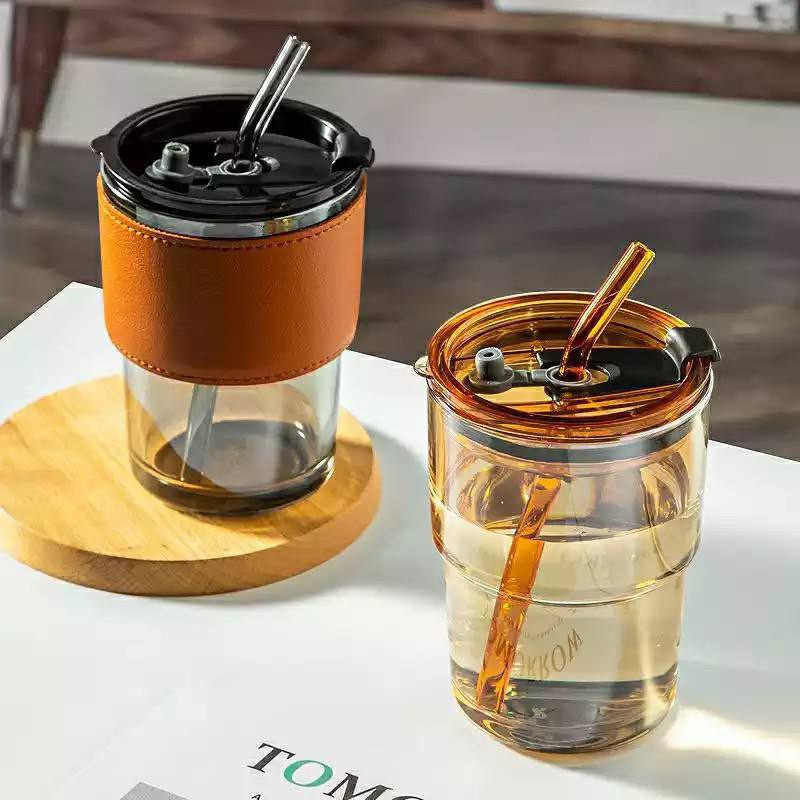 لیوان سفری مدل اسموتی شیشه ای چرمی M8