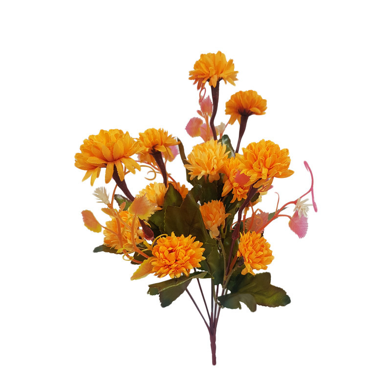 گل مصنوعی داوودی چند شاخه با ساقه و برگ، پارچه شمعی، ابعاد 10×10×34 سانتی‌متر و وزن 35 گرم