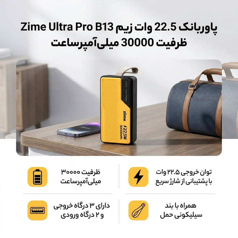 پاوربانک 22.5 وات زیم مدل Ultra Pro B13 ظرفیت 30000 میلی‌آمپرساعت