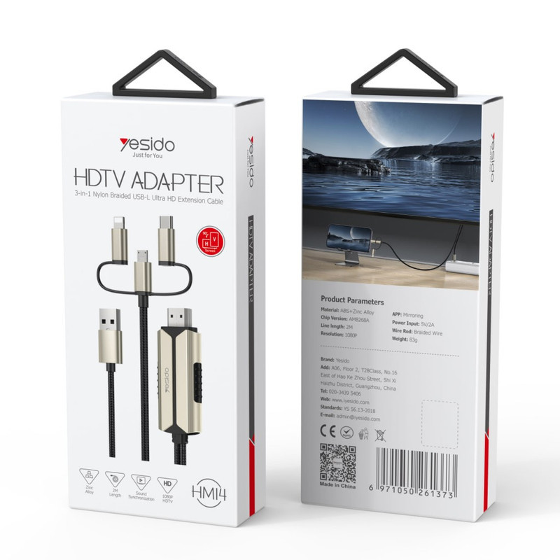کابل تبدیل HDMI به لایتنینگ  microUSB USB-C یسیدو مدل HM14 طول 2 متر