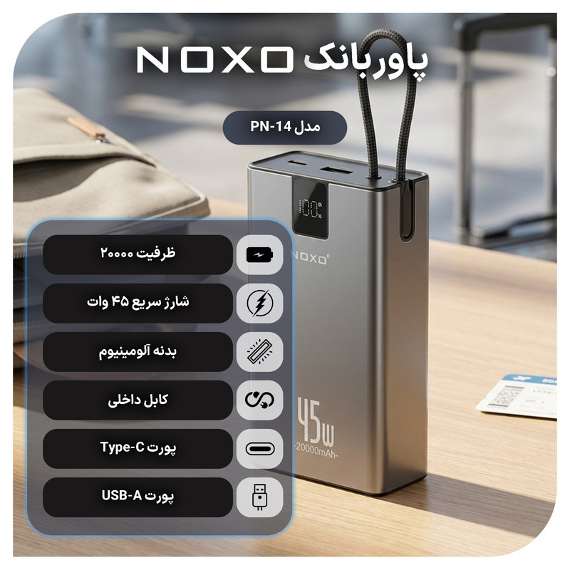 پاوربانک 45 وات نوکسو مدل  PN‑14 ظرفیت 20000 میلی‌آمپرساعت