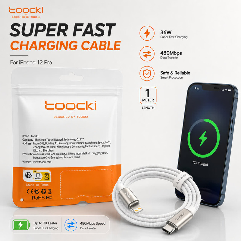 کابل تبدیل USB-C به لایتنینگ توکی مدل iphone-12 pro با طول ۱ متر