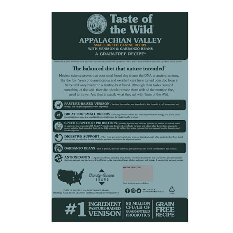 غذای خشک سگ بالغ تیست آف ویلد مدل Appalachian Valley Canine Recipe نژاد کوچک با طعم گوشت گوزن و لوبیا گاربانزو وزن ۲ کیلوگرم