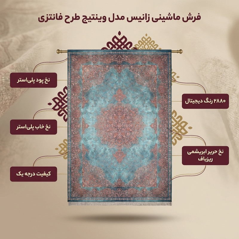 فرش ماشینی زانیس مدل وینتیج طرح فانتزی زمینه فیروزه ای