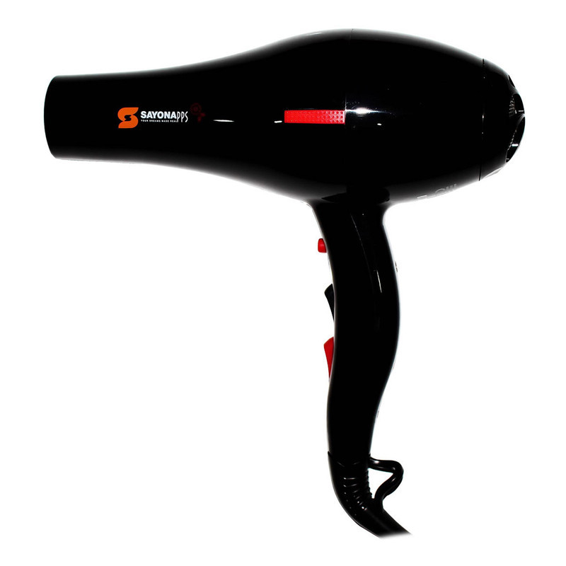سشوار حرفه‌ای 2000 وات سايونا مدل SY-1300، موتور AC، وزن 700 گرم، دارای سری متمرکز‌کننده باریک، متمرکز‌کننده پهن با ویژگی صاف‌کنندگی، حجم‌دهندگی، با قابلیت باد سرد