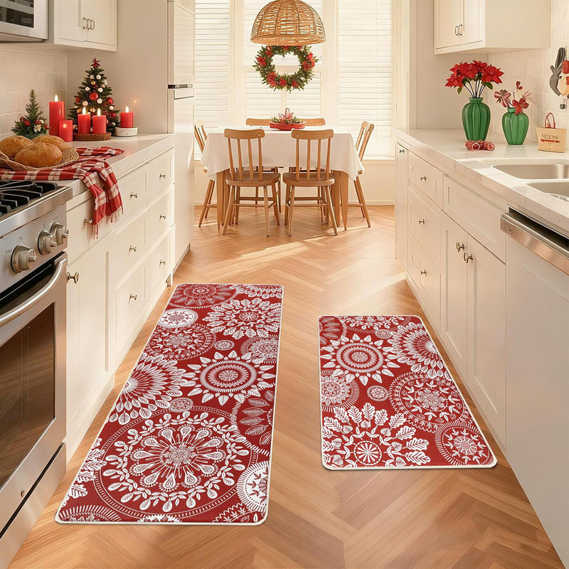 فرش ماشینی 200 شانه زمینه قرمز حاشیه سفید مدل چاپی طرح آشپزخانه اورکوم کد kitchen.5006.01 بسته دو عددی