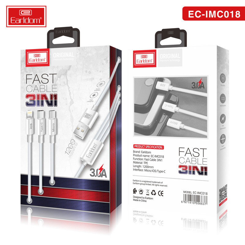 کابل تبدیل USB به USB-C  MicroUSB  لایتنینگ ارلدام مدل EC-IMC018 طول 1.2 متر