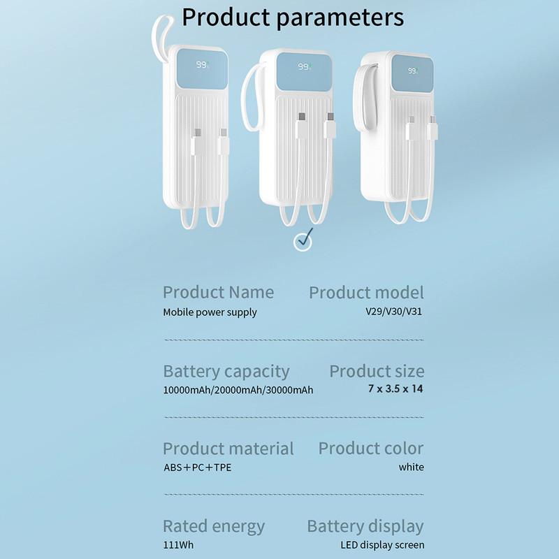 پاوربانک پی زد ایکس مدل V30 Fast Charge 22.5W Cabled ظرفیت 20000 میلی آمپر ساعت
