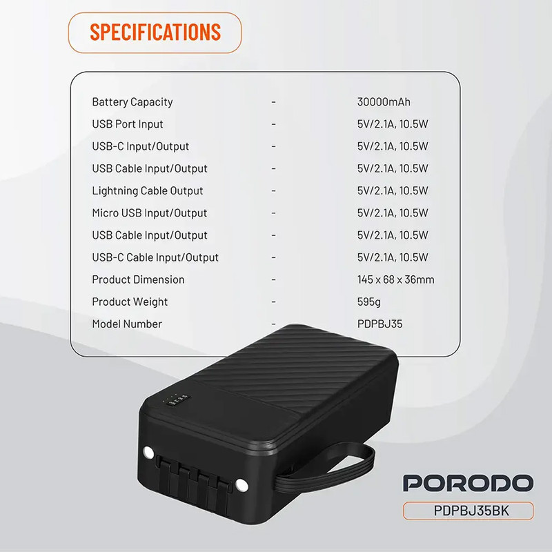 پاوربانک 10.5 وات پرودو مدل Piano-PDPBJ35BK ظرفیت 30000 میلی‌آمپرساعت