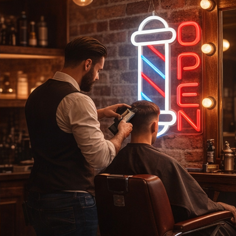 چراغ نئونی طرح Barbershop OPEN کد BA40X25