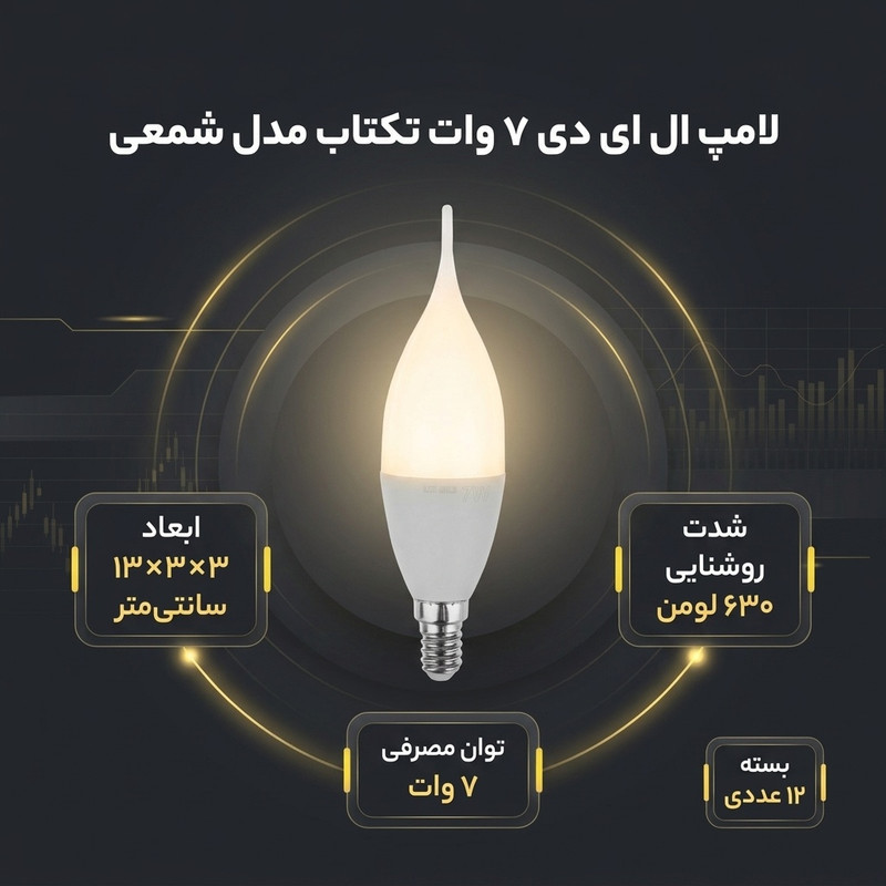 لامپ ال ای دی 7 وات تکتاب مدل شمعی پایه E14 بسته 12 عددی