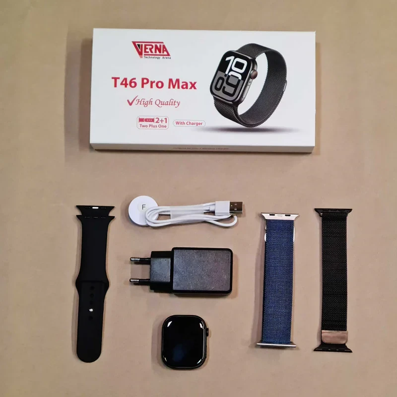 ساعت هوشمند 46 میلی متری ورنا مدل T46 Pro max با بند فلزی به همراه 2 بند اضافه و شارژر