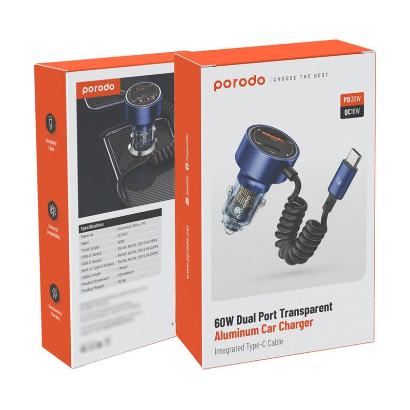 شارژر فندکی 60 وات 2 پورت پرودو مدل PD-60CXC