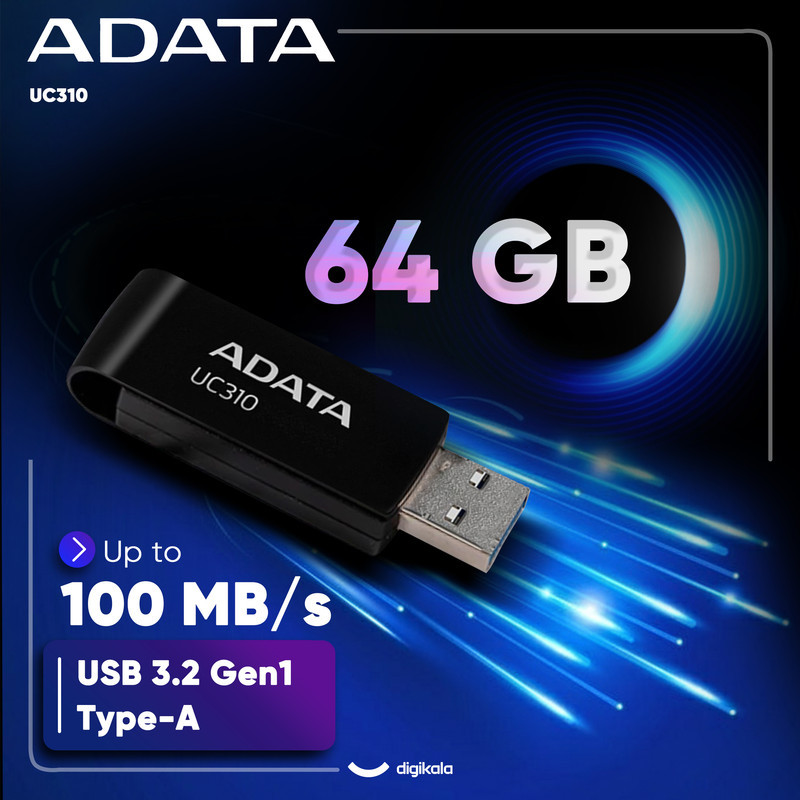 فلش مموری ای دیتا مدل UC310 ظرفیت 64 گیگابایت با رابط USB 3.2 Gen1، طراحی چرخشی، سازگار با ویندوز، مک، لینوکس، بدون نیاز به نصب درایور و مناسب استفاده در کامپیوتر، لپ‌تاپ، گوشی و تلویزیون