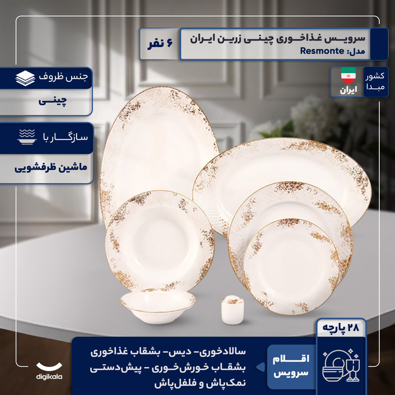 سرویس غذاخوری 28 پارچه 6 نفر چینی زرین ایران مدل Resmonte