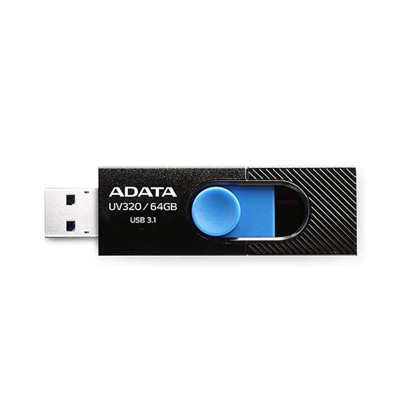 فلش‌مموری کشویی ای دیتا مدل UV320 ظرفیت 64 گیگابایت با رابط USB 3.2 Gen1 سرعت انتقال تا 10 گیگابیت بر ثانیه و سازگار با ویندوز، مک، لینوکس، گوشی و تلویزیون