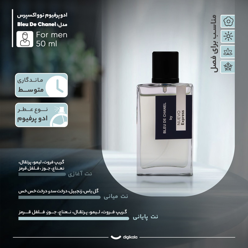 ادو پرفیوم مردانه نوو اکسپرس مدل Bleu De Chanel با رایحه خنک و تلخ حجم 50 میلی لیتر