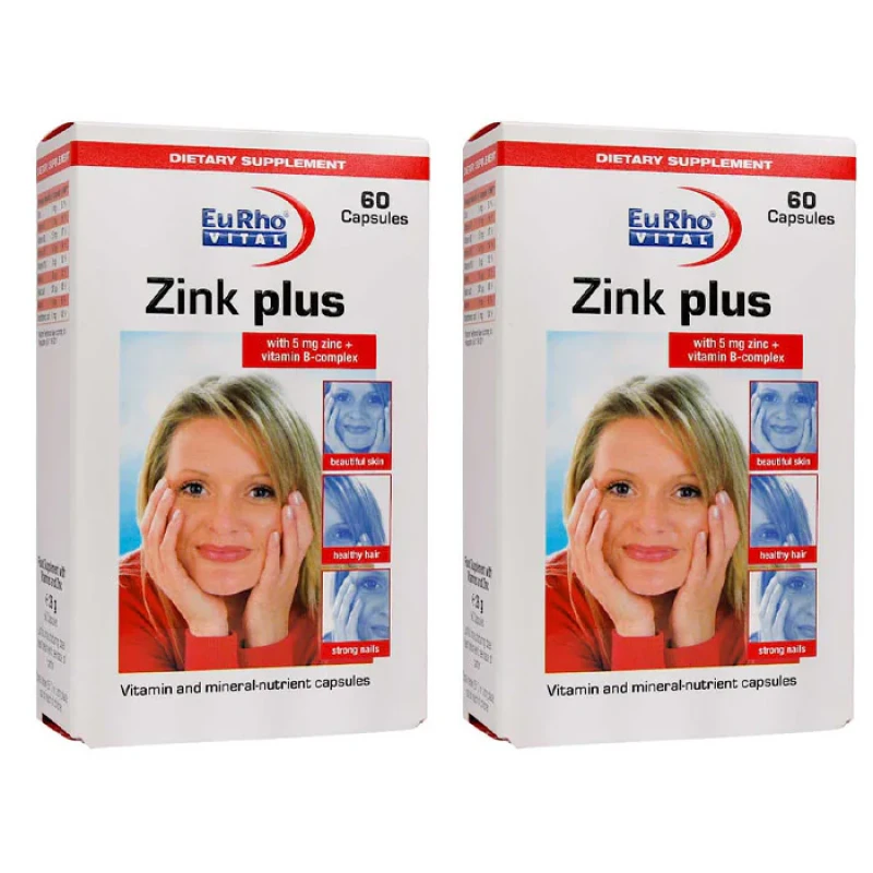 کپسول زینک پلاس یوروویتال مدل Zink plus دو بسته 60 عددی تقویت مو، ناخن و ترمیم پوست، حفظ استحکام پوست و ضد ریزش مو