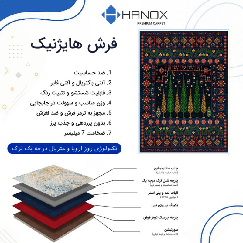فرش ماشینی 1000 شانه هانوکس زمینه سرمه‌ای حاشیه چند رنگ مدل درخت کد L290