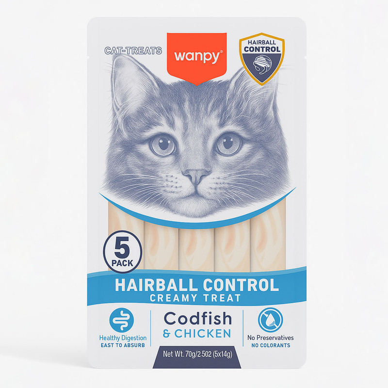 تشویقی گربه ونپی مدل Hairball Control طعم مرغ و ماهی کاد بسته 5 عددی وزن 70 گرم