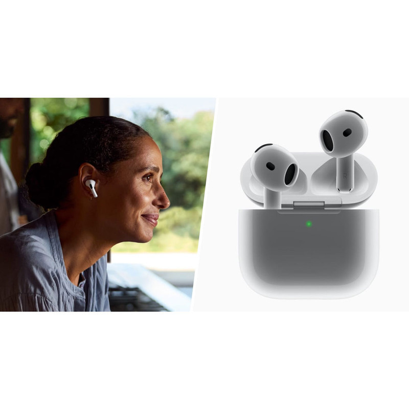 هدفون بلوتوثی اپل مدل AirPods 4 دارای نویز کنسلینگ، درگاه شارژ USB-Type-C و شارژ بی سیم، با قابلیت اتصال به چند دستگاه، پشتیبانی از فرمان لمسی و دستیار صوتی، نشانگر LED، مقاوم در برابر پاشش آب و گرد و غبار