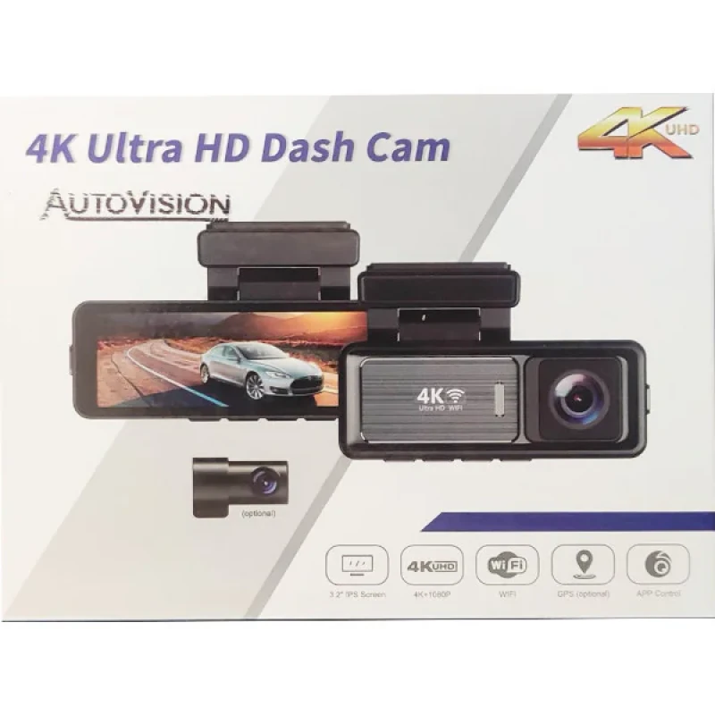 دوربین ثبت وقایع خودرو اتوویژن مدل 4kUHD به همراه دوربین عقب و رم 64 گیگ بایت و کیت برق مستقیم