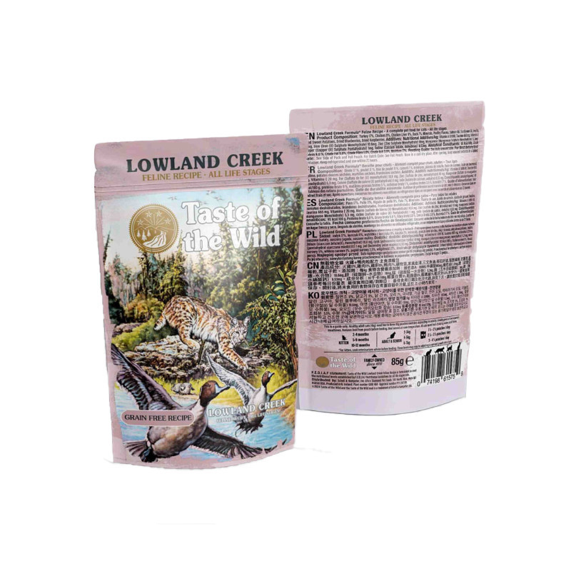 پوچ گربه بالغ تیست آف ویلد مدل Lowland Creek Chunks in Gravy طعم مرغ و گوشت پرندگان وزن ۸۵ گرم