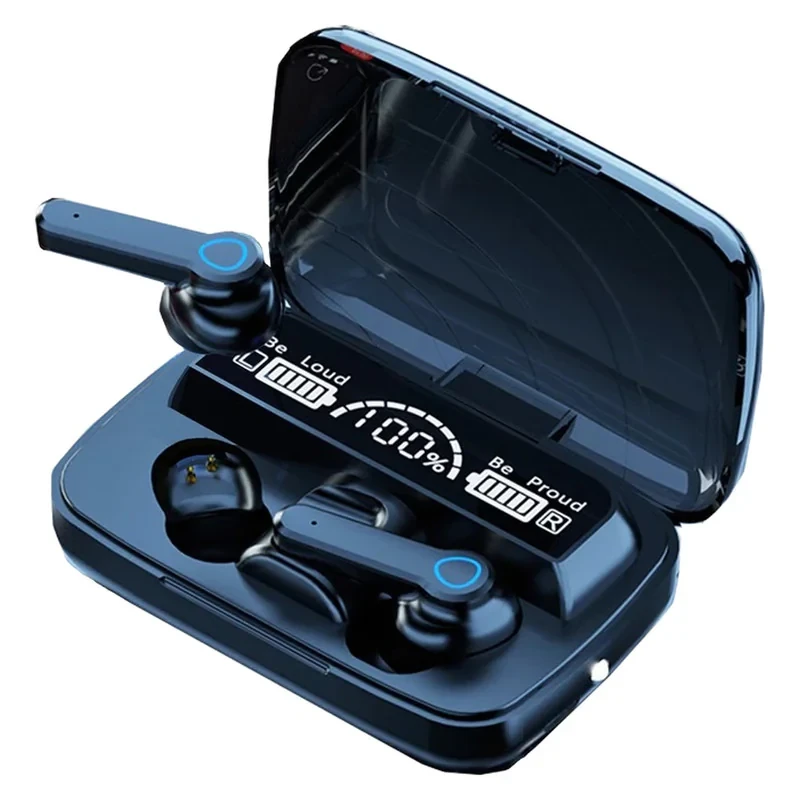 هدغون بلوتوثی مدل air pods m19 بدون قابلیت نویز کنسلینگ، درگاه شارژ microUSB، دارای کنترلر لمسی روی گوشی‌ها، امکان استفاده از محفظه شارژ به عنوان پاور بانک