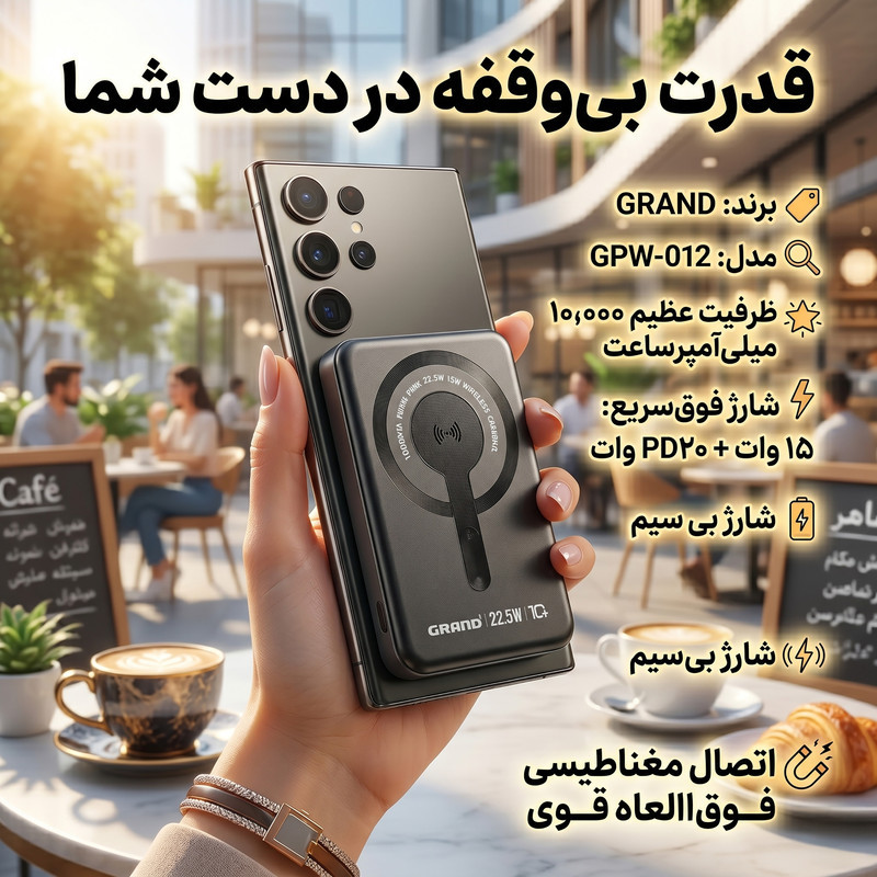 پاوربانک 15 وات گرند اسکای طرح مگ سیف مدل GPW-12 ظرفیت 10000 میلی‌آمپرساعت