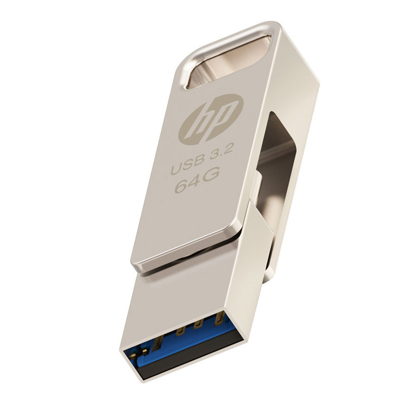 فلش مموری اچ‌پی مدل x206c ظرفیت 64 گیگابایت با طراحی چرخشی، بدنه فلزی، دو رابط USB Type-C و USB Type-A، سرعت انتقال تا 100 مگابایت بر ثانیه و سازگار با ویندوز و مک