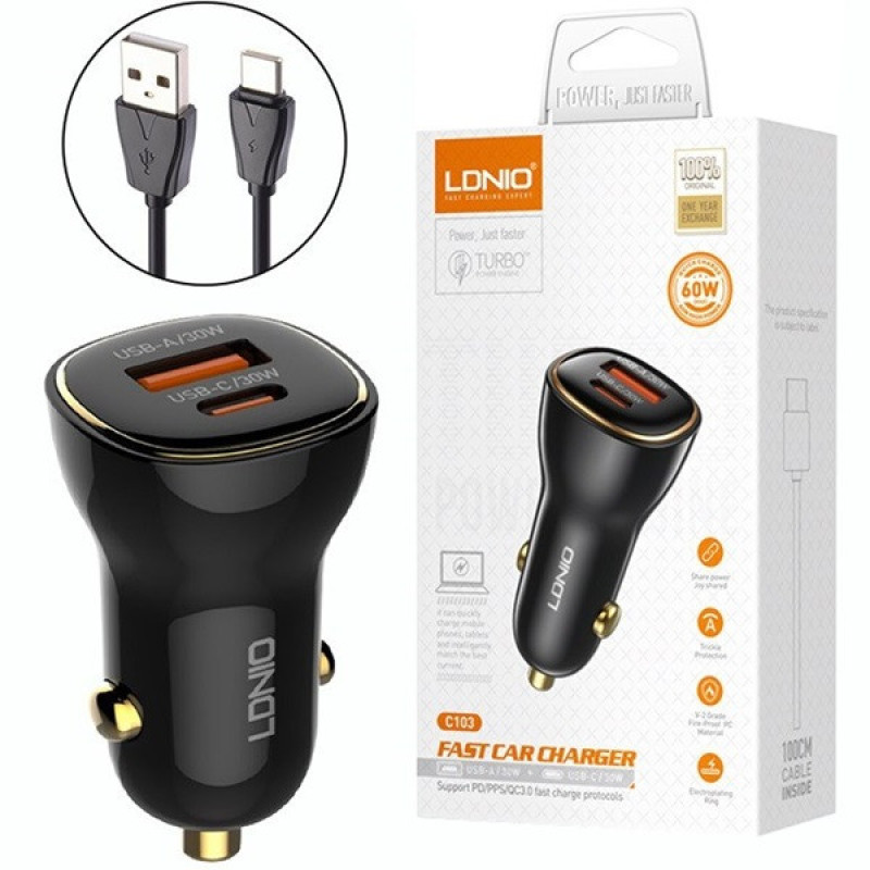شارژر فندکی 60 وات الدینیو مدل LD-C103 به همراه کابل تبدیل usb