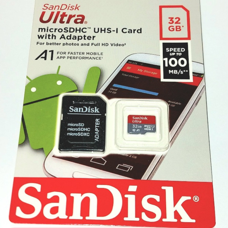 کارت حافظه microSDHC سن دیسک مدل ultra_A1 کلاس 10 استانداردUHS_I سرعت 100MBps ظرفیت 32 گیگابایت