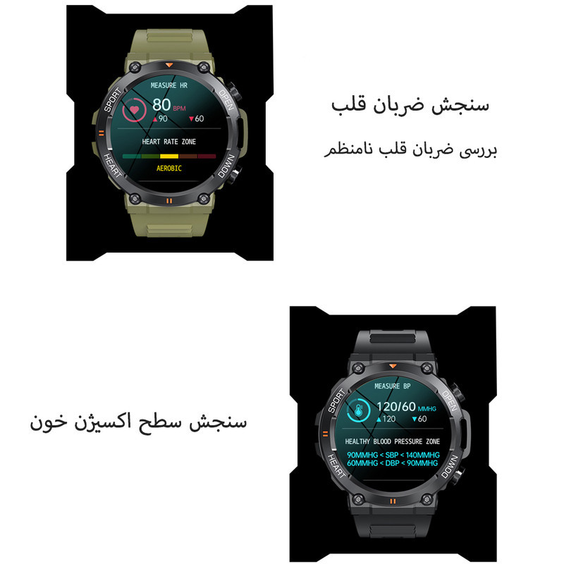 ساعت هوشمند مدل K56 Pro دارای قابلیت های شمارنده ضربان قلب، کنترل سطح اکسیژن خون، کنترل فشار خون، کنترل موسیقی، گام شمار، بند سیلیکونی