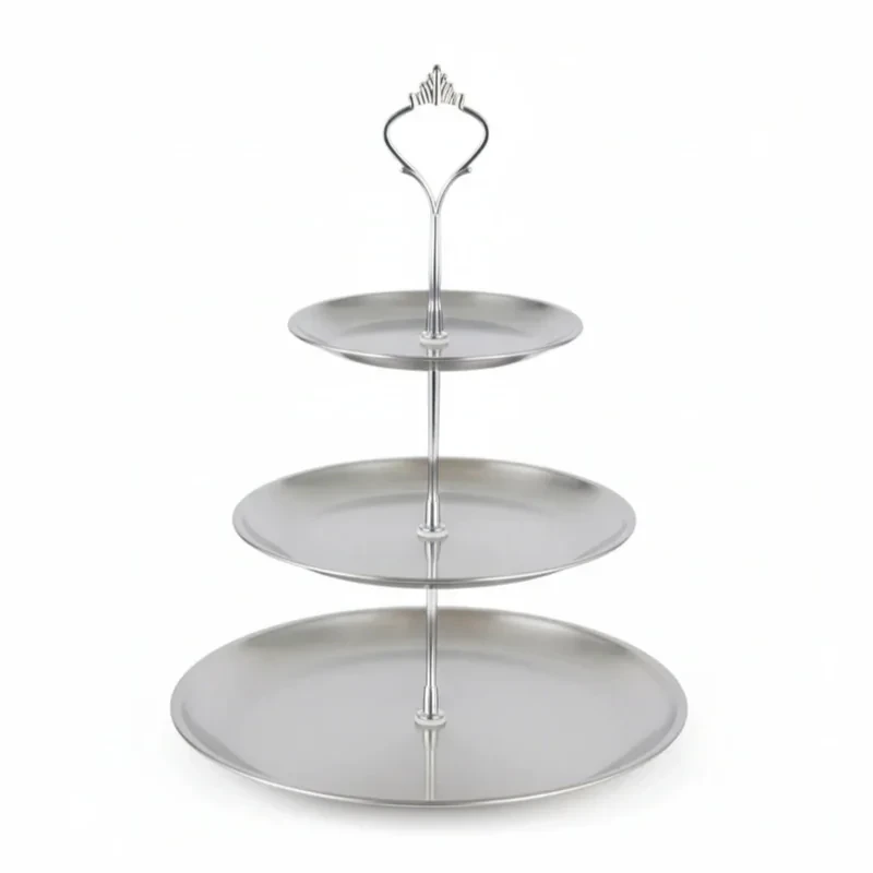شیرینی‌خوری 3 طبقه مدل DH3 استیل دایره‌ای با قطر 14، 20، 26 سانتی‌متر مناسب شستشو با دست و ماشین ظرفشویی دارای جعبه